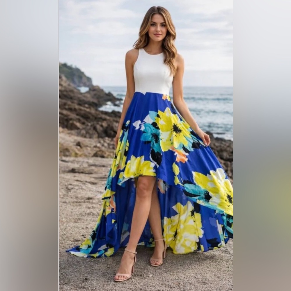 NEW Vince Camuto Vibrant Yellow Royal Blue Floral Romantic Flowy Cocktail Dress